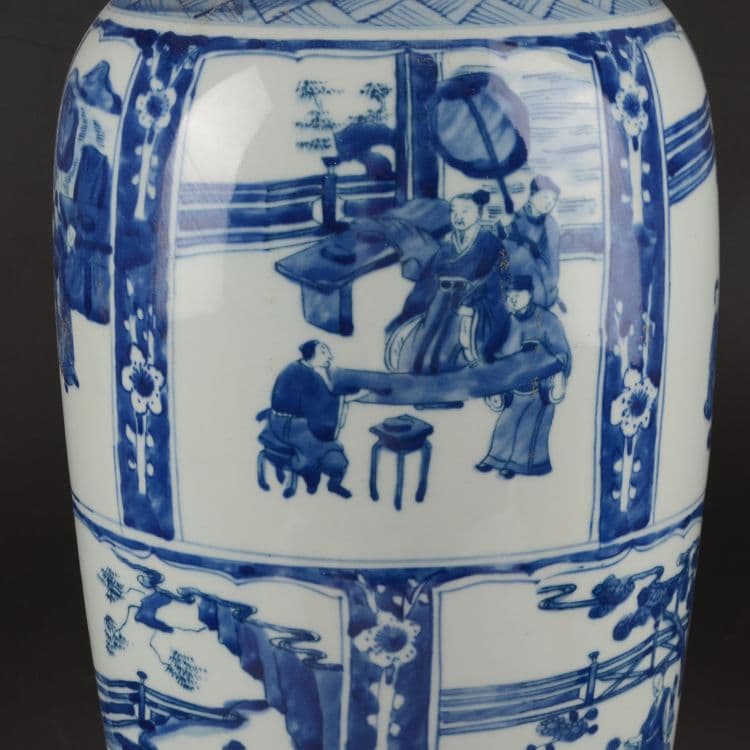 大清康熙青花窓人物紋花瓶 景徳鎮 陶磁器 装飾品 現代工芸品 美術品 置物