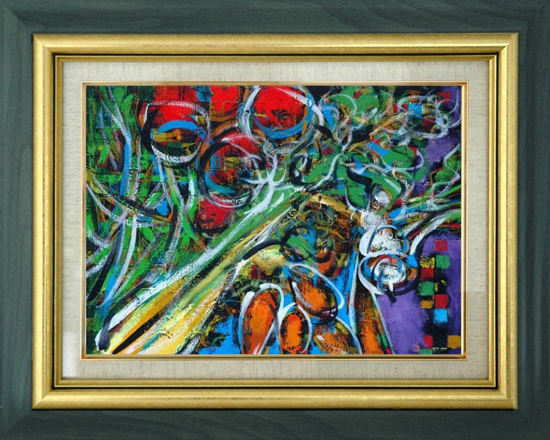 油絵 菅家令子 絵画インテリア額付( 青緑＋金色の枠 )uF6-061004果物