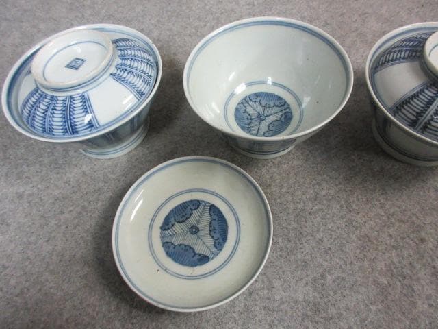 古伊万里 染付 蓋茶碗 3個 [B22848] 算木文 アンティーク 古美術