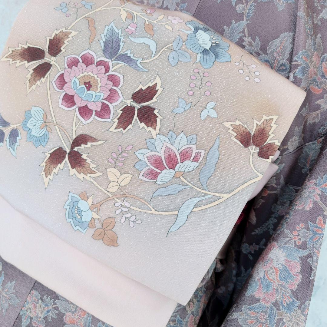 小紋　フルセット　着物　正絹　更紗　暗紫　花　縮緬　おしゃれ　D2