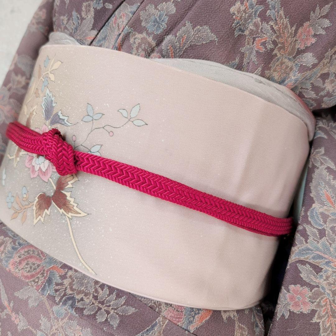 小紋　フルセット　着物　正絹　更紗　暗紫　花　縮緬　おしゃれ　D2