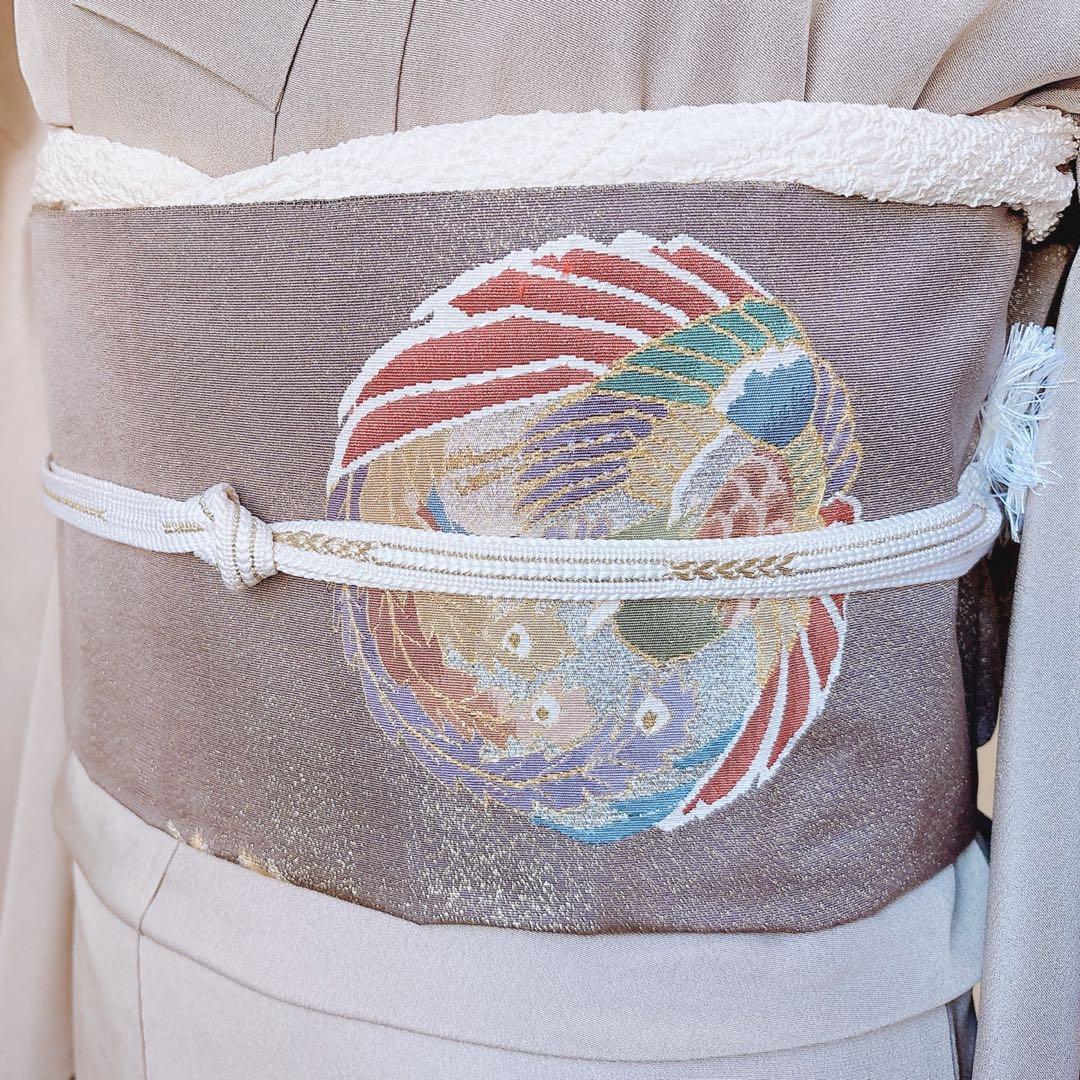 正絹　付け下げ　フルセット　裄65 卒業式　入学式　お宮参　袋帯 S グレー　白