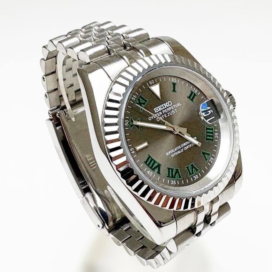 MOD NH35A 自動巻 腕時計 デイトジャストタイプ ガンメタ グリーン