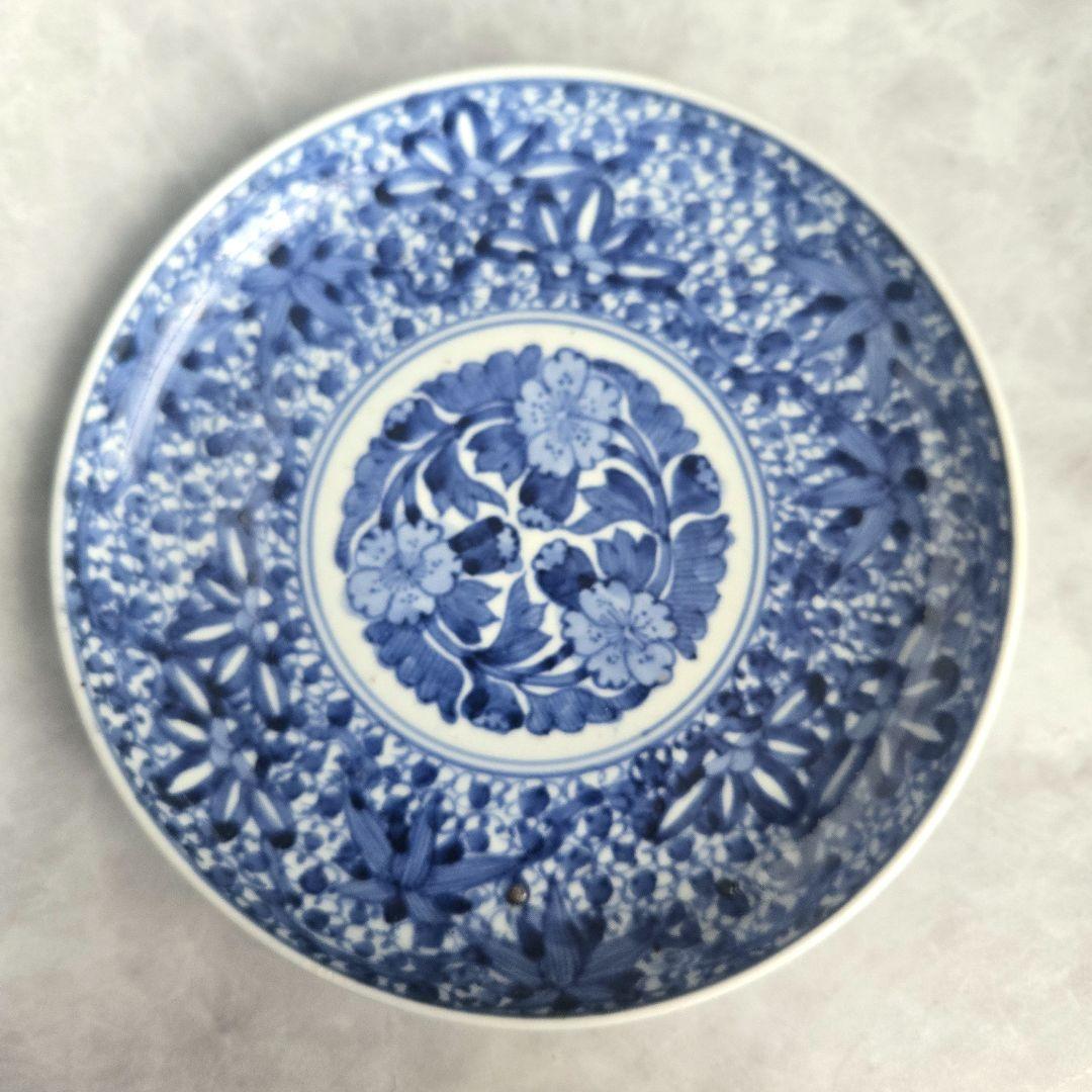 古伊万里　染付　六寸皿　花尽くし　江戸時代　金直し　金継ぎ　アンティーク　骨董
