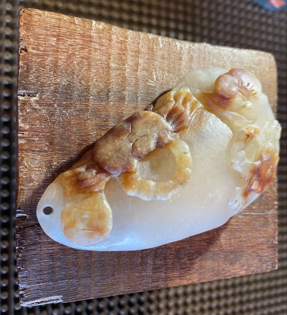 古和田玉　蟹と子孫・銭　吉祥彫刻　細密細工 天然素材　ヴィンテージレア 台湾茶器