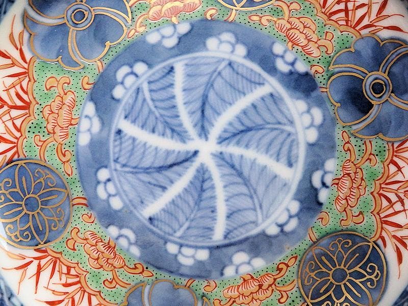 大聖寺古伊万里　金襴手　丸紋に笹の図　４寸皿　４枚　094AS-CAn