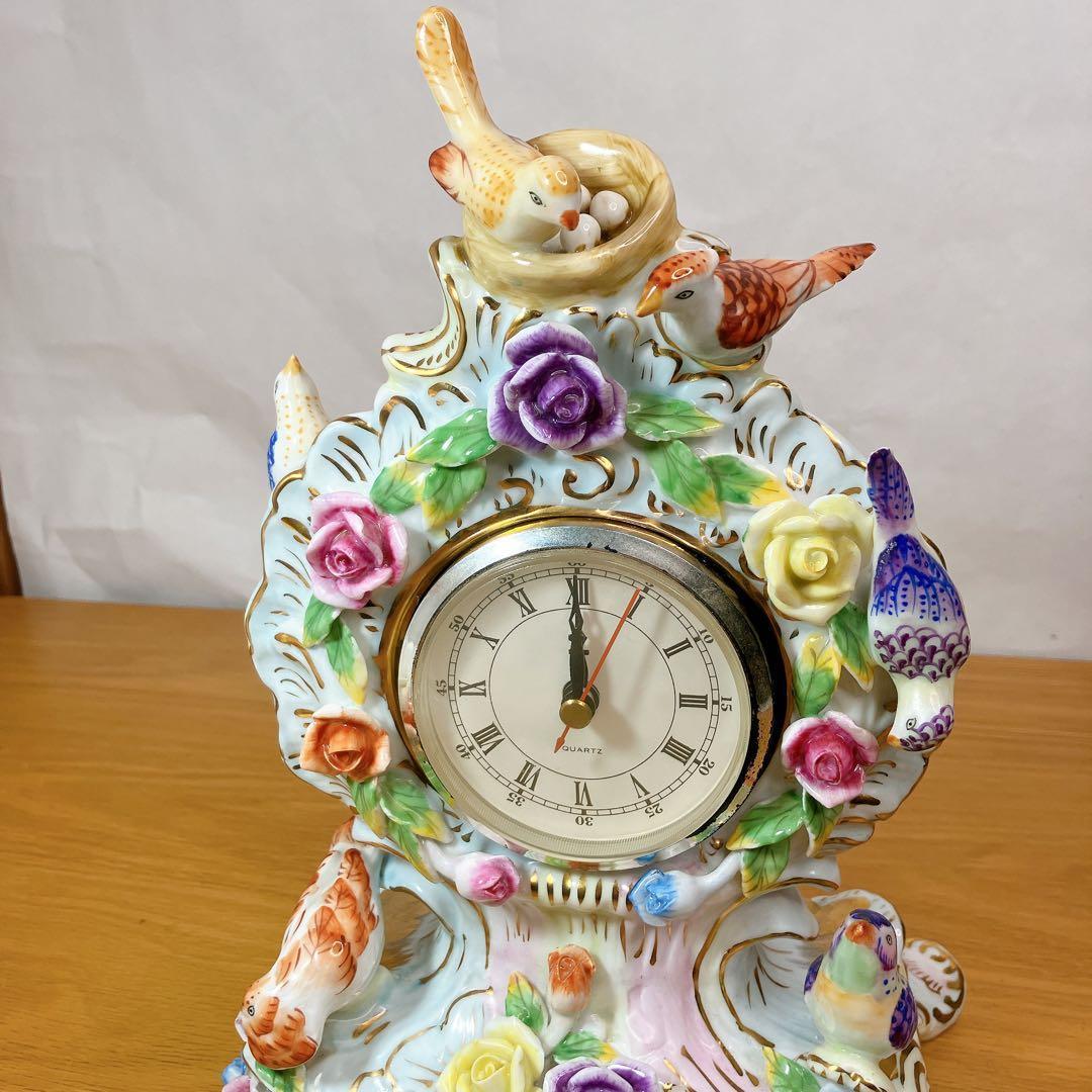 FINE PORCELAIN 鳥と花 陶磁器 置時計 ロココ調 薔薇 立体装飾