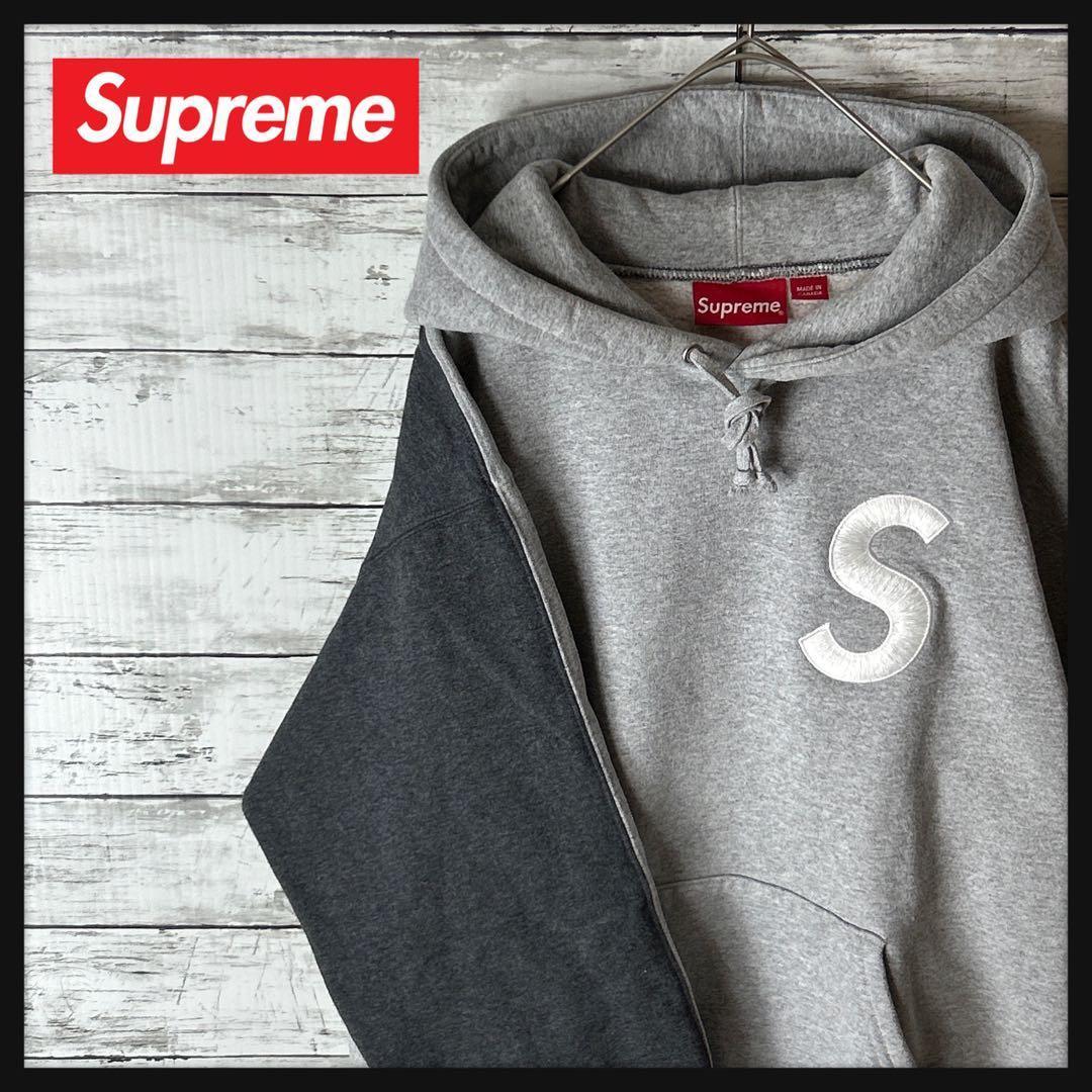 3750M【人気モデル】シュプリーム☆刺繍Sロゴ 色切り替え パーカー グレー
