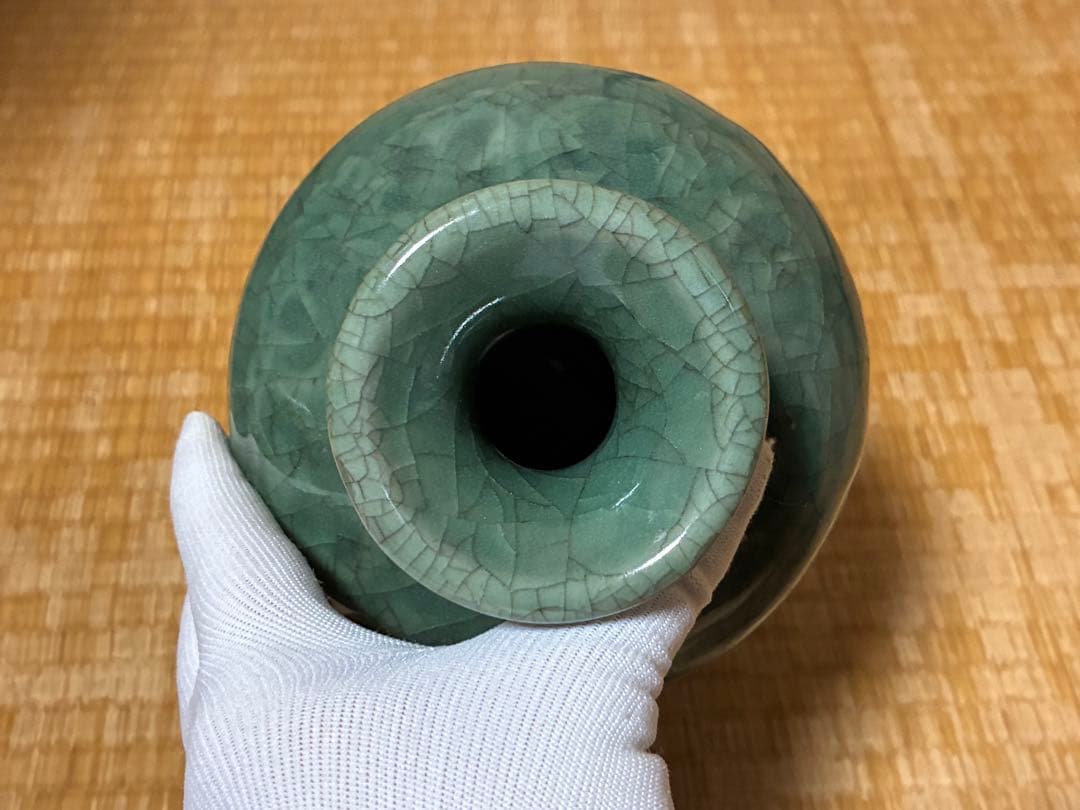 中国 緑色の陶器製 壺 花入 唐物