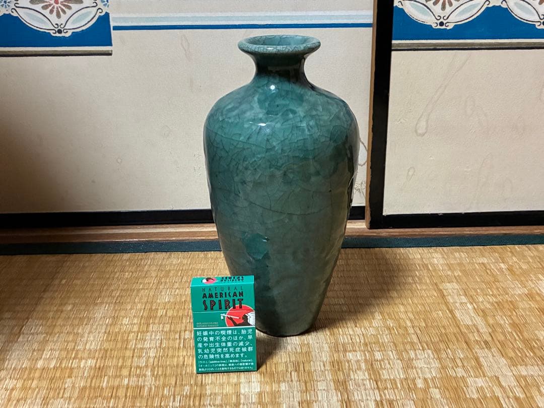 中国 緑色の陶器製 壺 花入 唐物