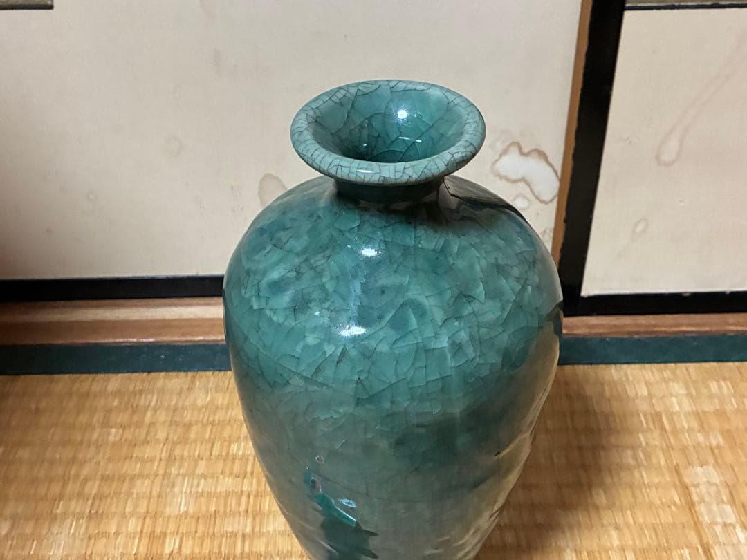 中国 緑色の陶器製 壺 花入 唐物