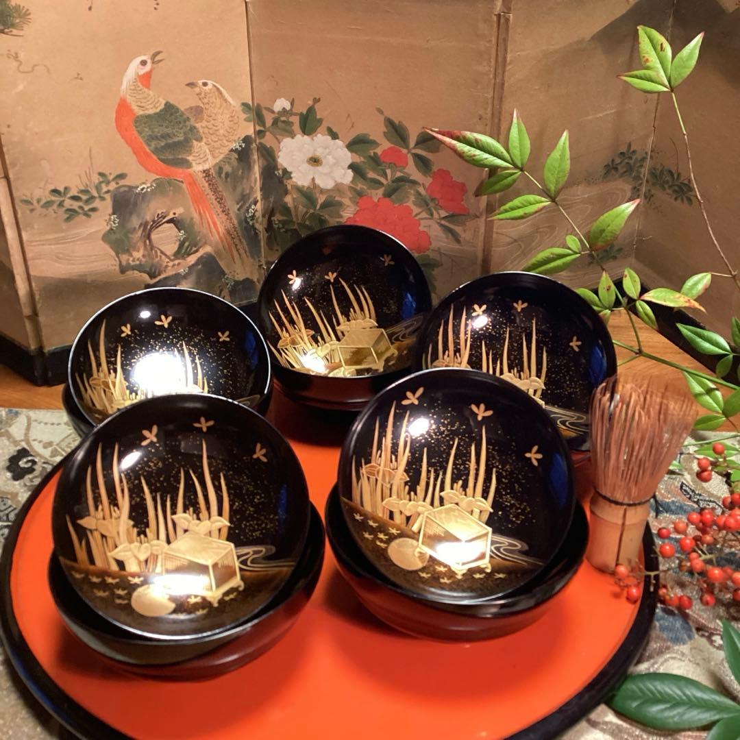 A1035 木製輪島塗　懐石道具　衝羽根に流水菖蒲　蒔絵　5客