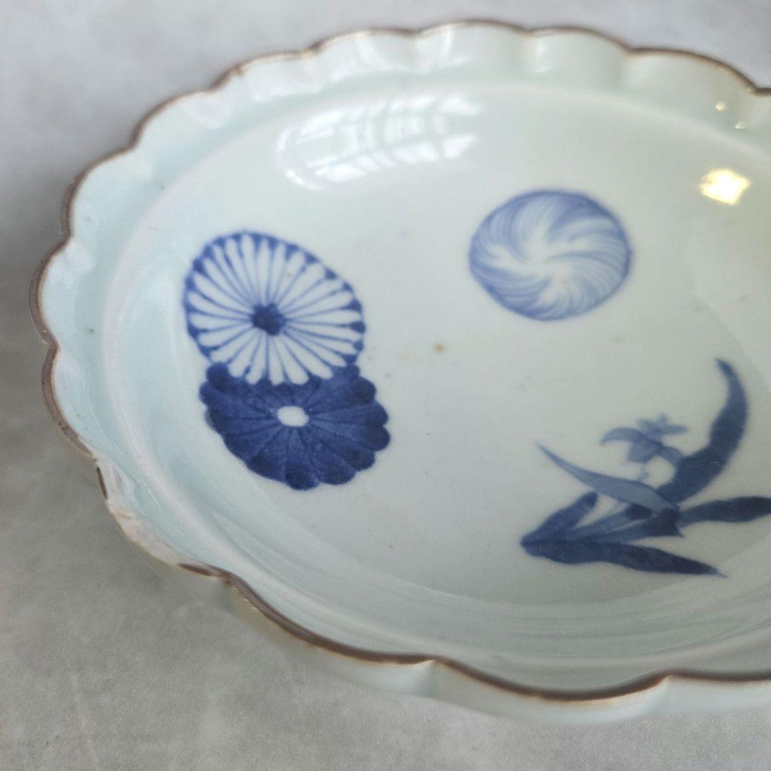 古伊万里　染付　深皿　江戸時代　蘭　菊　金直し　金継ぎ　アンティーク　骨董