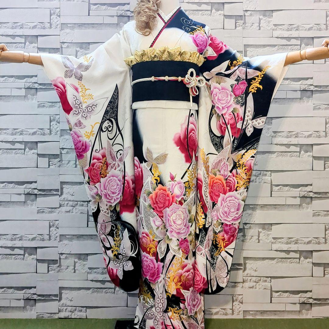振袖セット 振袖フルセット 正絹振袖 銀通し 駒刺繍 薔薇 蝶 金彩 白 90