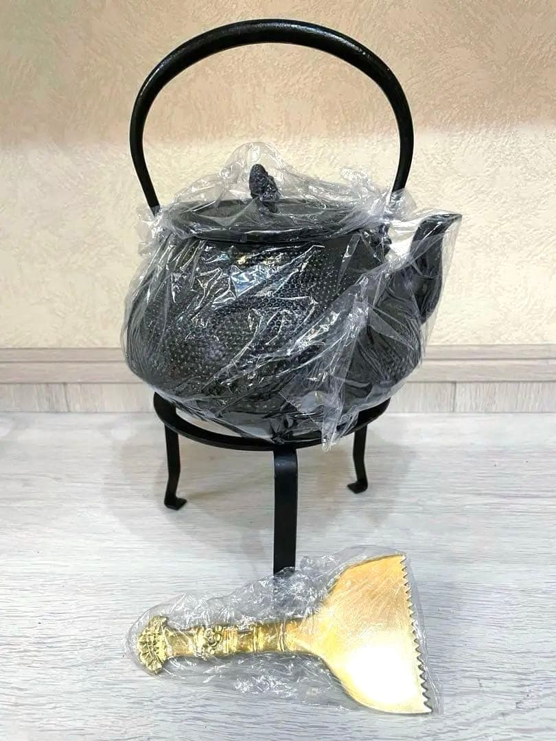 旬利久作　南部鉄瓶　囲炉裏　鉄瓶　五得　灰ならし　3点セット　茶道