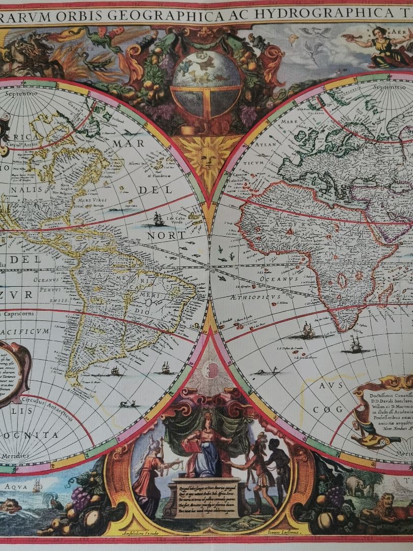 アンティーク ドイツ ローゼル 1641年の世界地図復刻 四元素 版画風印刷紙