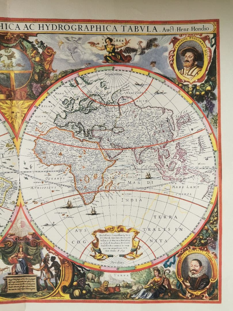 アンティーク ドイツ ローゼル 1641年の世界地図復刻 四元素 版画風印刷紙