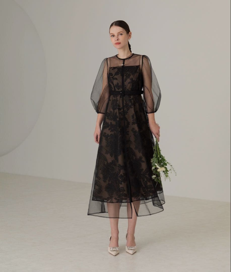 【LEJA】チュールパイピングリーフベルトAラインドレスワンピース