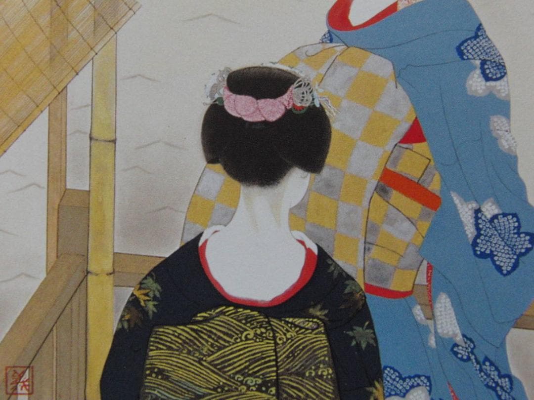 高木義夫、【床涼み】、希少な額装用画集より、新品額装付、状態良好