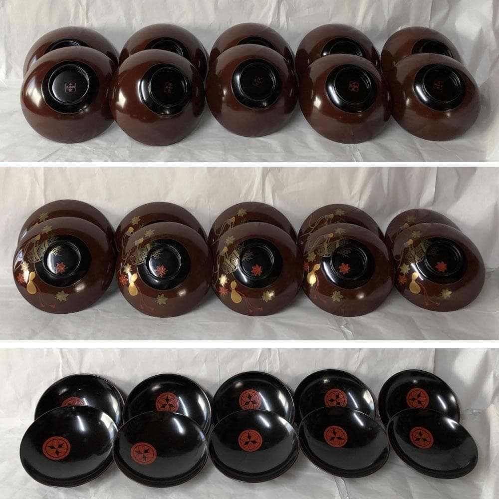 e2641 蒔絵 吸物椀 十客 木箱入り 瓢箪 紅葉 打出の小槌 木製 漆塗