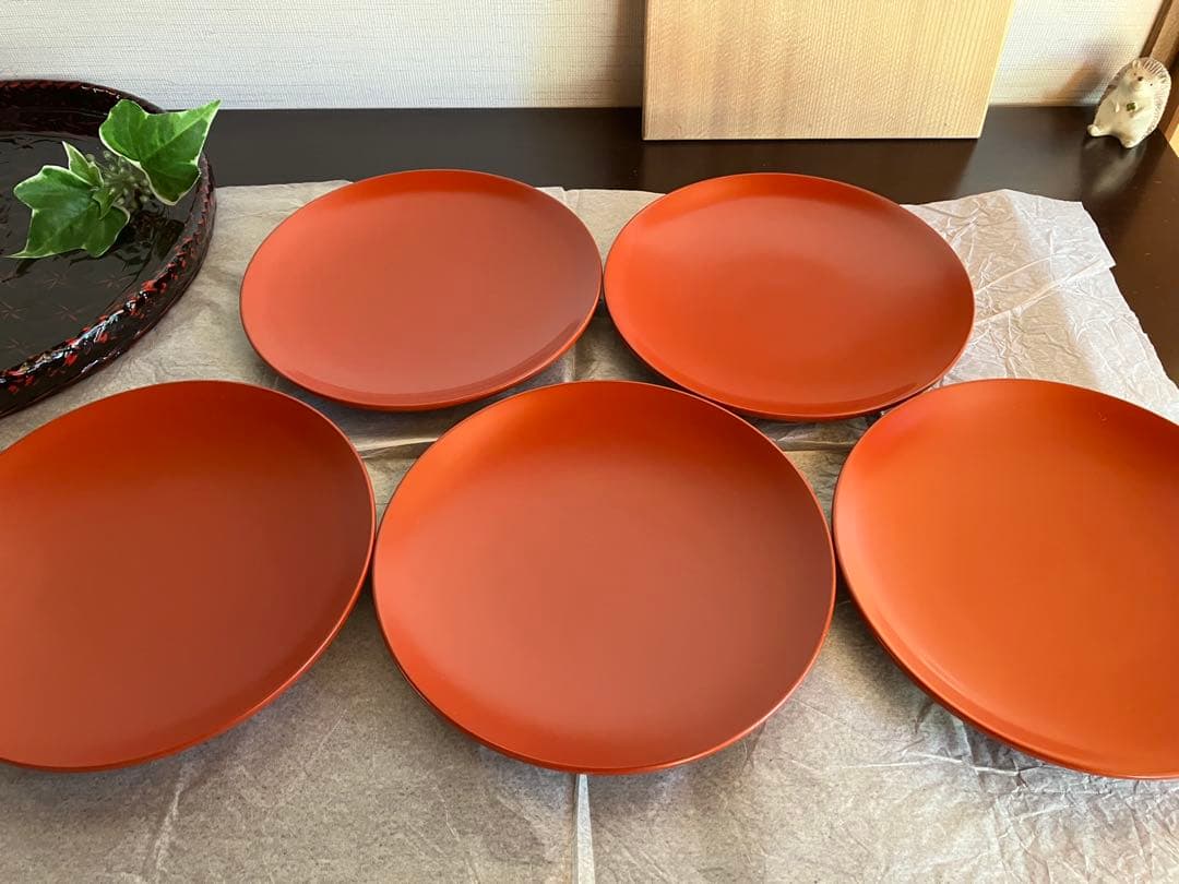 山中塗　山中漆器　香仙工房　ロクロ目　朱　銘々皿　菓子皿　５枚　茶道　茶道具