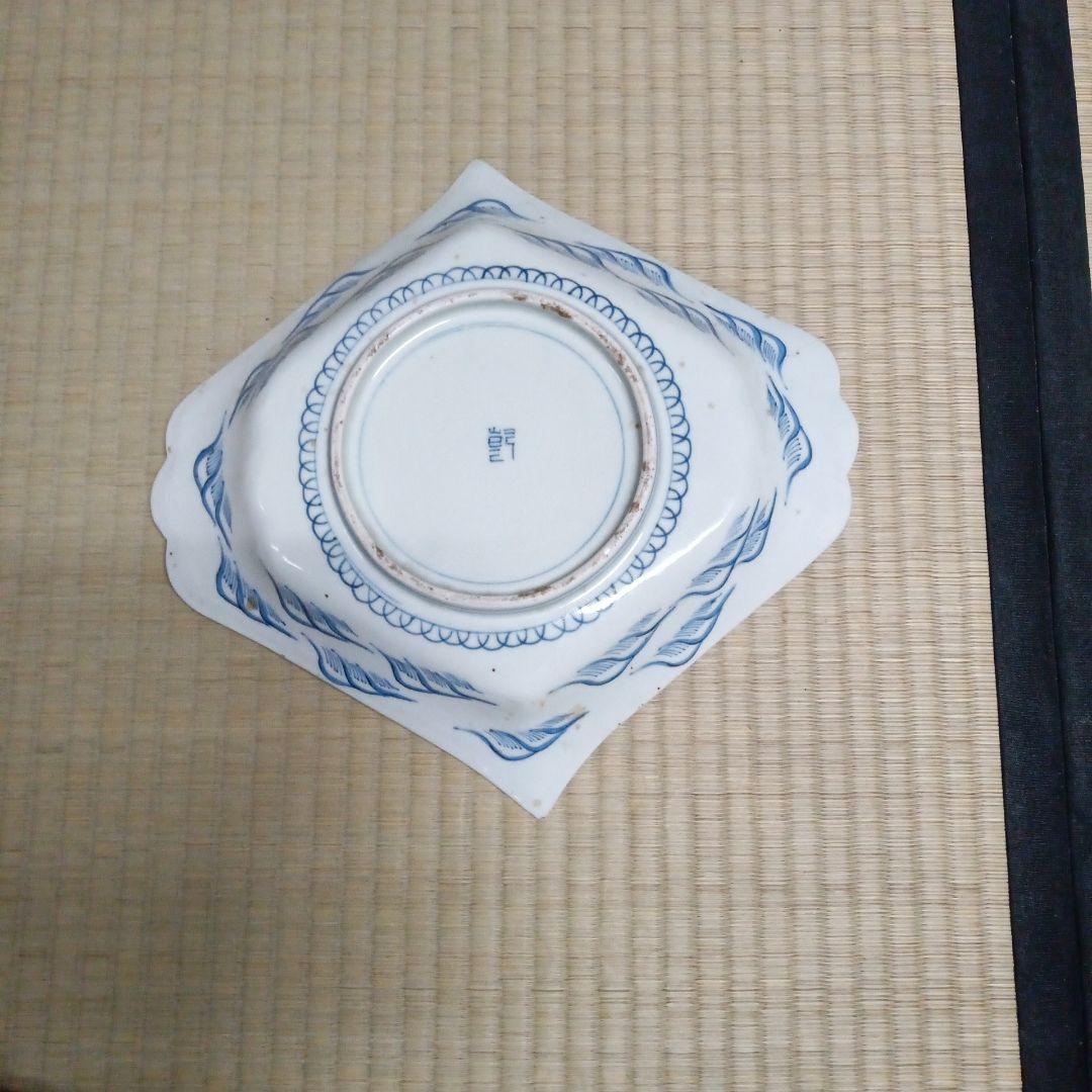 古伊万里　色絵染付　珍品　五葉松縁　波千鳥文　擬宝珠型皿　変形皿　尺皿　江戸後期