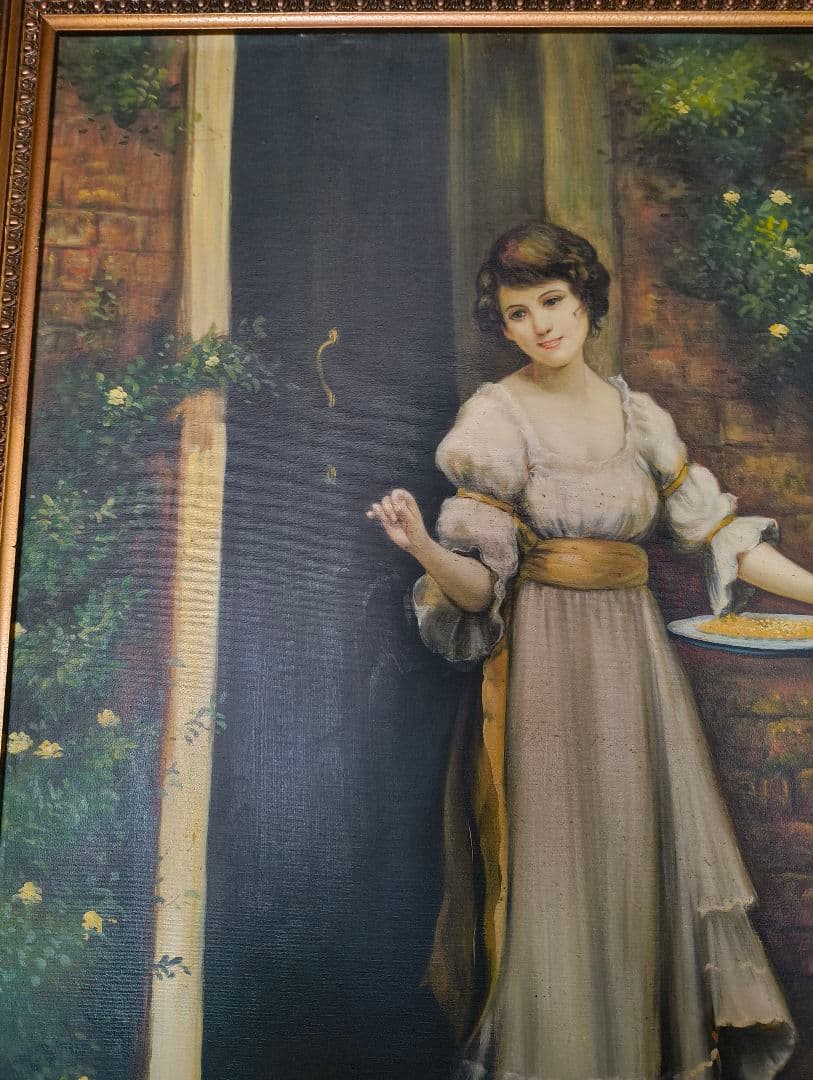 大型絵画　金縁額縁入り　女性絵　鶏　窓　アンティーク　洋風　油絵　洋間　ホテル