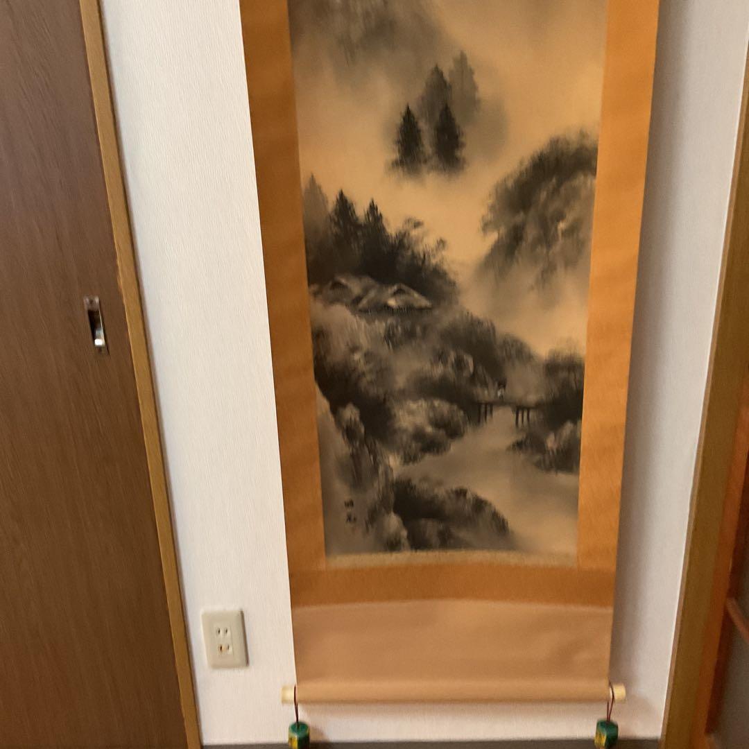 絹本水墨山水図 【 国 麗 筆 】落款印譜在 長閑な山村風景画