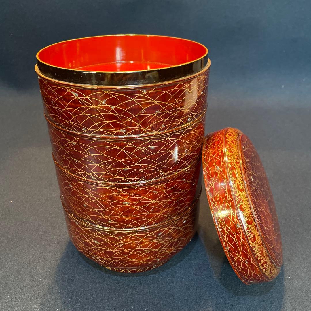 時代物「秋草に露 蒔絵」の『丸型重箱』仕覆・共箱付※美品　重箱　野弁当箱　漆器