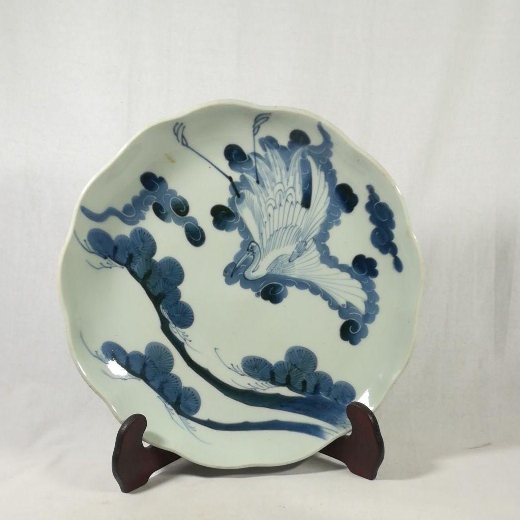 古い　染付大皿　皿　鶴　松