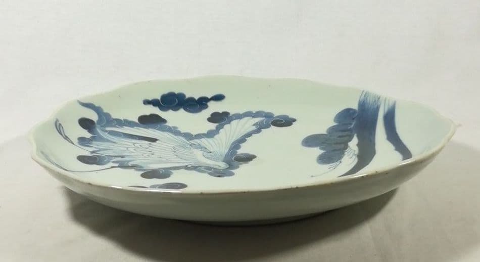 古い　染付大皿　皿　鶴　松