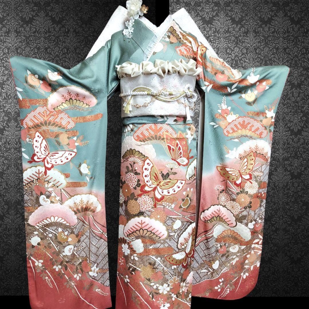 振袖フルセット(8点)・成人式・古典柄・金彩加工・くすみ・金駒刺繍・逸品