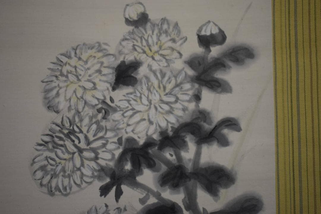 真作/小川千甕/紅葉菊に小禽図/布袋屋掛軸HJ-342