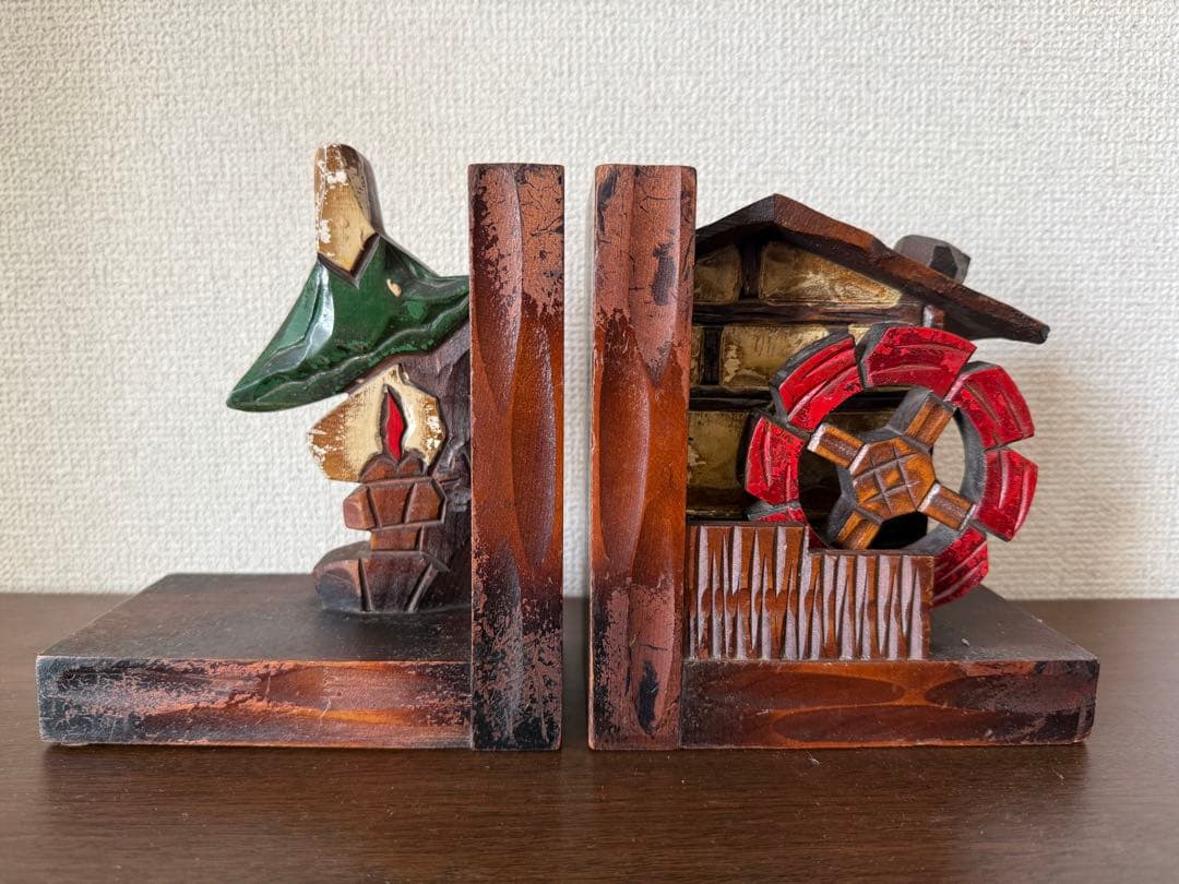 オルゴール付き木製ブックエンド 水車小屋 ランプ 昭和レトロ