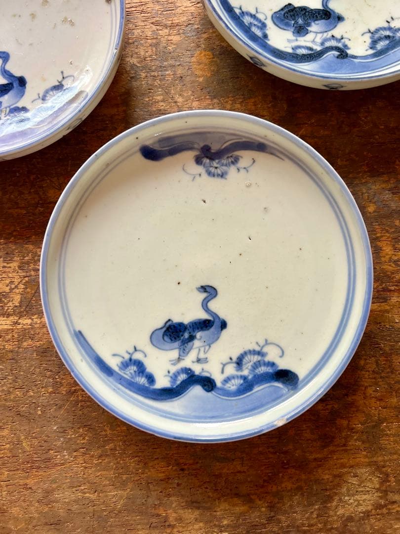 時代　古染付　雁の図　傷３枚セット　古伊万里　染付　食器　金直し練習用　古道具