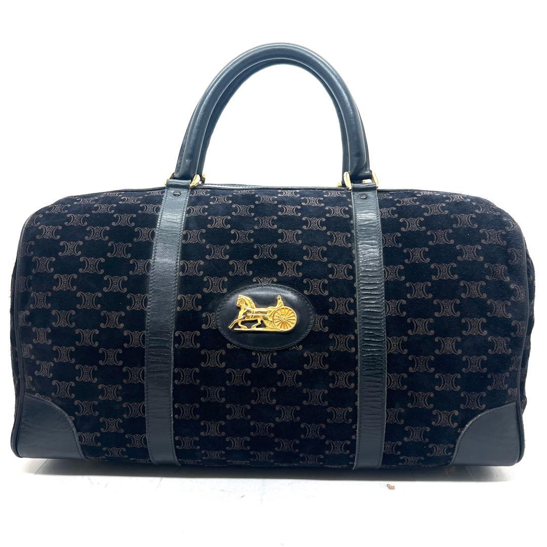 【美品】セリーヌ ボストンバッグ マカダム柄 ロゴプレート 金馬車