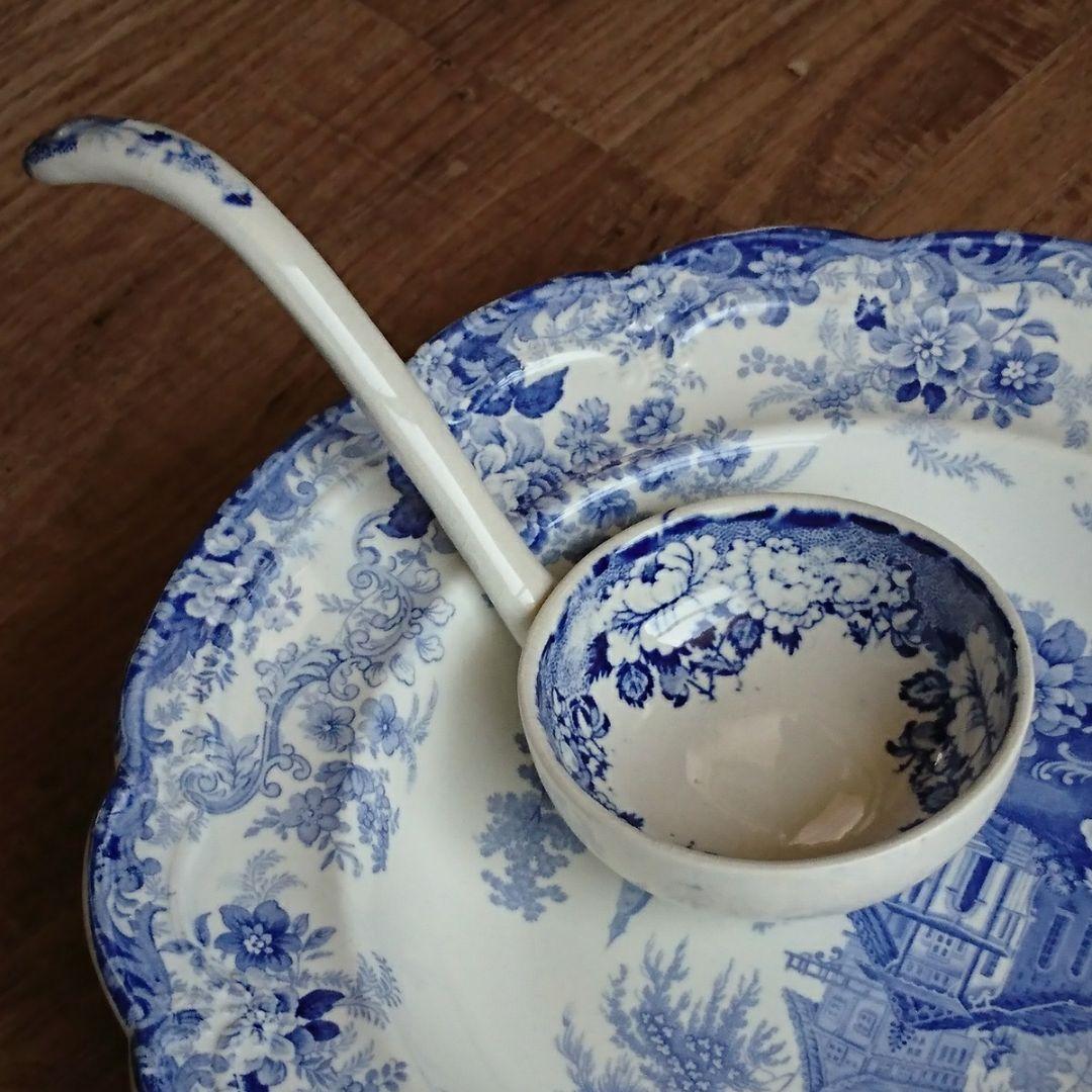 イギリスアンティーク レードル ブルー＆ホワイト ヴィクトリアン