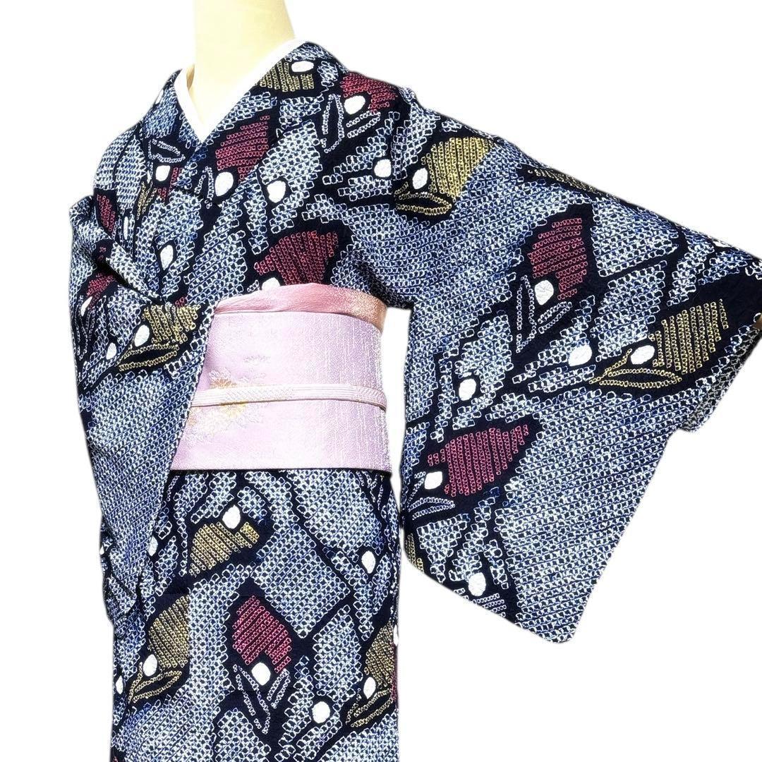 A84夏着物　浴衣　有松鳴海絞り 高級浴衣 花 綿　美品