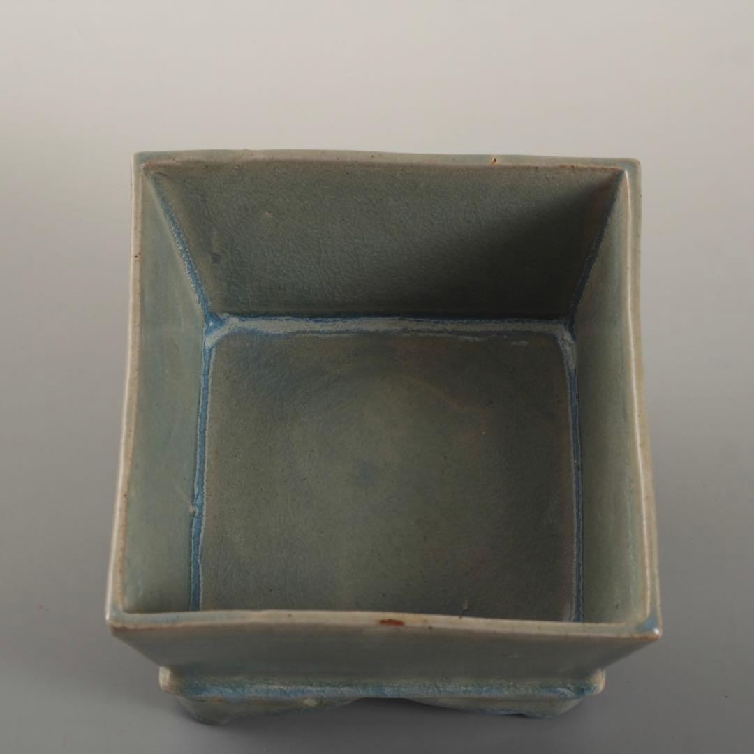 天晴釉 四方形 香炉 倣古 仿汝釉 清朝期？ 中国美術 青磁香炉 古美術 古道具