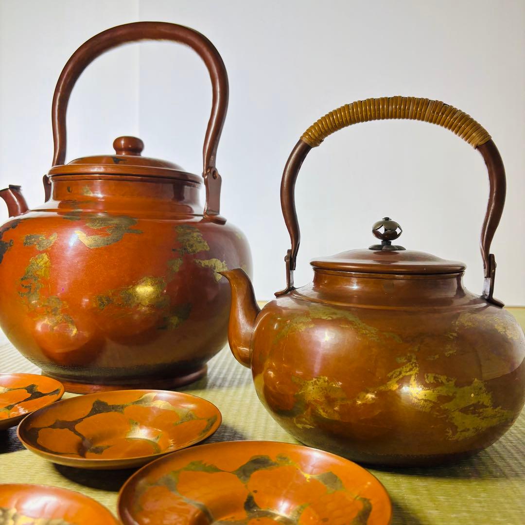 山川堂　夫婦薬缶　茶托　金彩　鎚起銅器口蓋付水次 大型 水注 湯沸し 茶道具