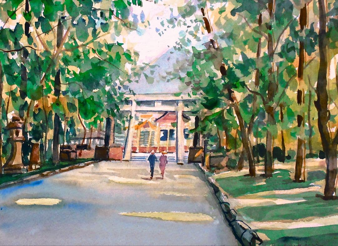 水彩画 (比木神社) 額装済み