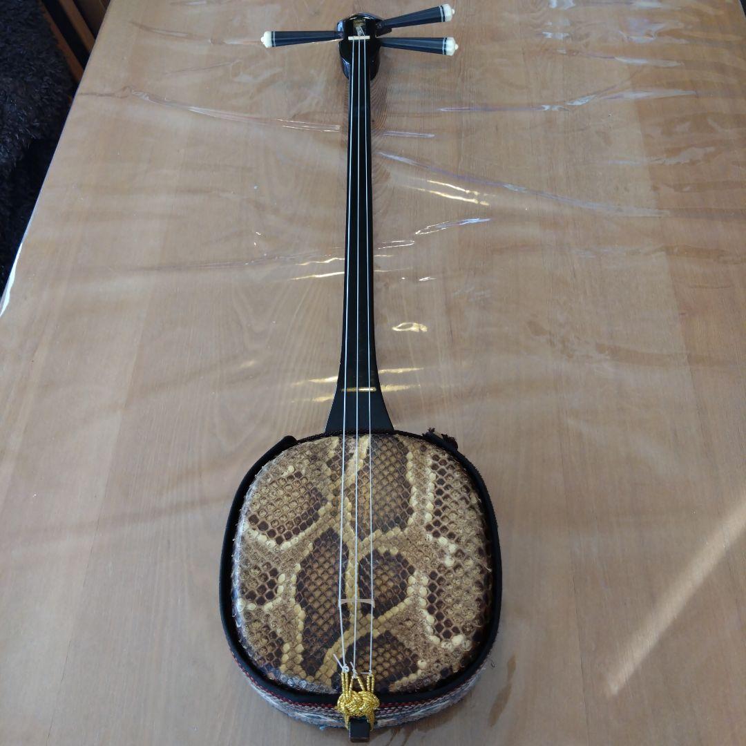 沖縄三線 蛇本皮 セミハードケース、バチ、新品の弦付き