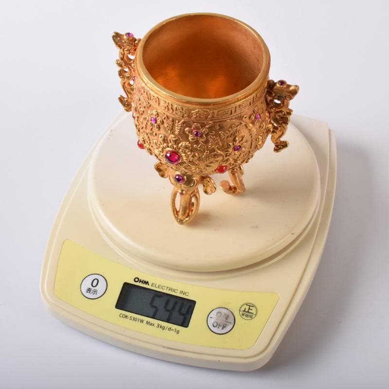 中国　古銅鍍金　双耳三つ足杯　一對　時代箱付　V　7593A