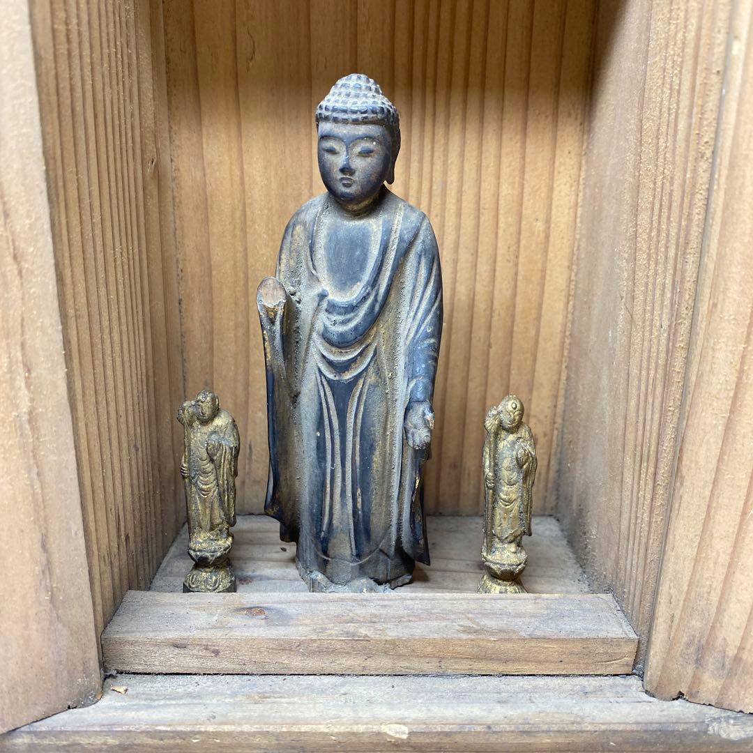 江戸初期　木彫　阿弥陀仏　厨子入　東さ7-1124②