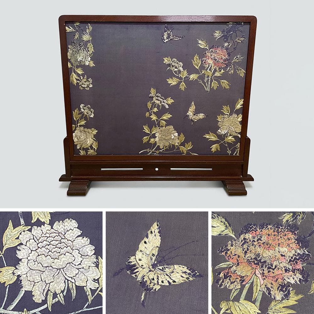 【繍】　★ 衝立 花蝶図繍片 ★　時代物　蝶々 花卉 刺繍文様　明清織繍