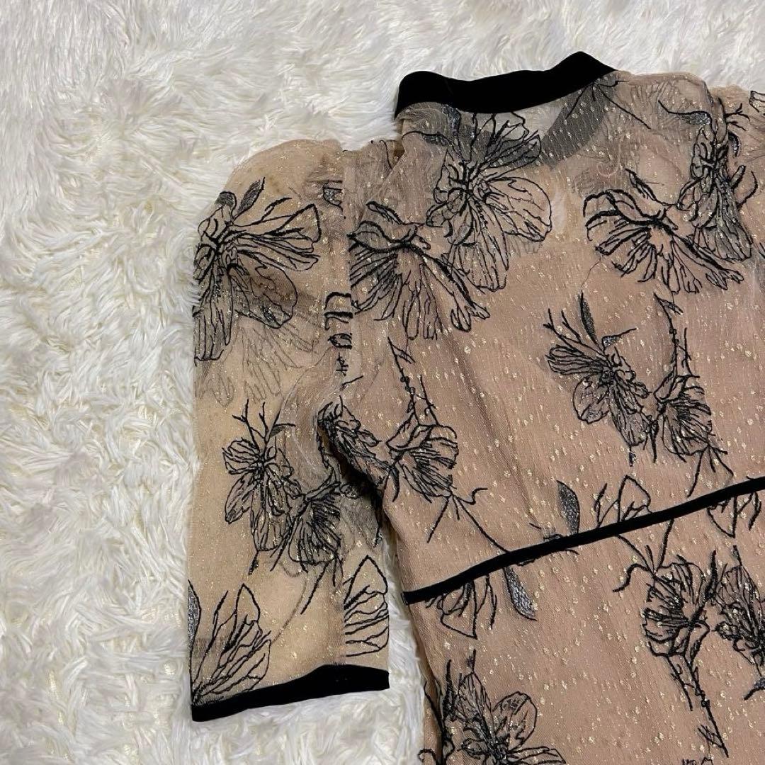 Leja 配色パイピング花柄刺繍ラメワンピースドレス ベージュ　S