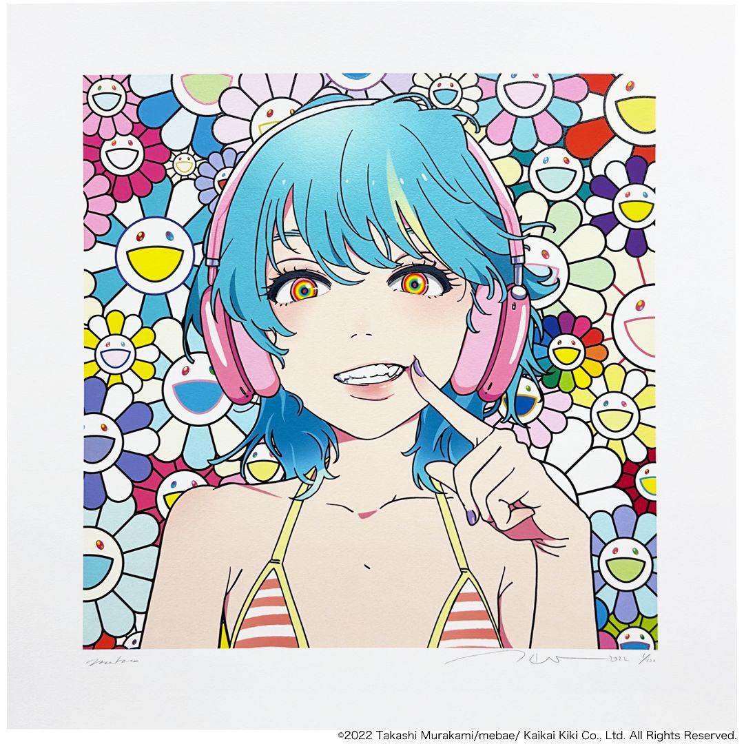 村上隆× mebae版画smile_02ブルーヘアー、ピンクヘッドホンw M.F