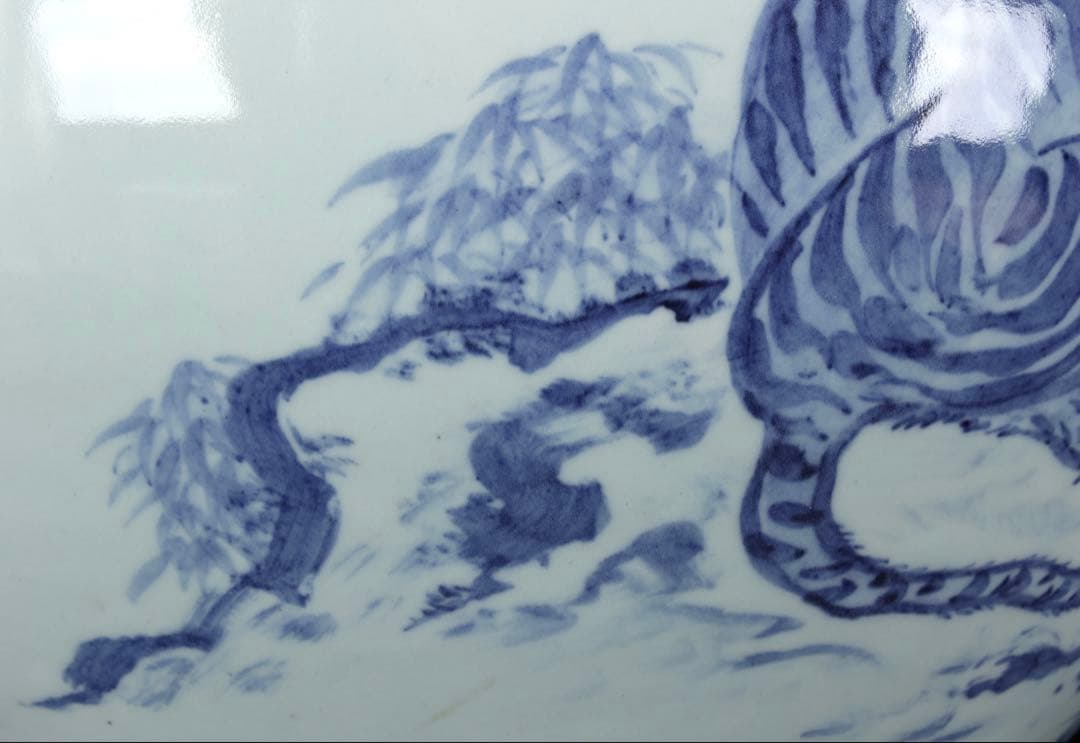 【韓国人間国宝 安東吾】染付虎図花瓶 丸壺 共箱 李朝白磁 大型飾壺 古美術骨董