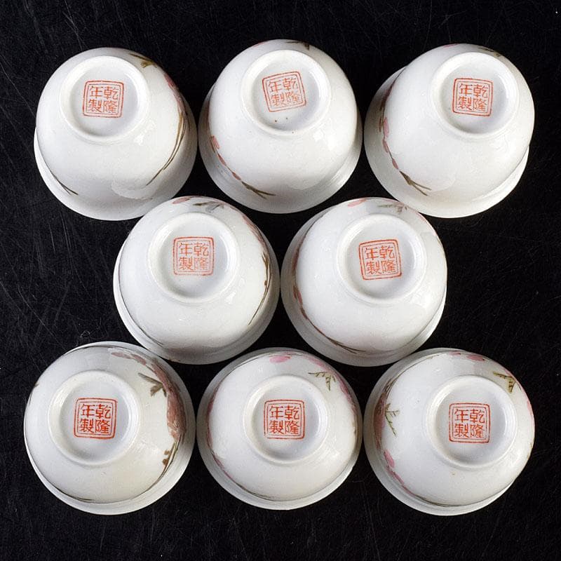 中国　乾隆年製款　薄胎　粉彩　鳥桜文　煎茶碗　八客　V　R7584