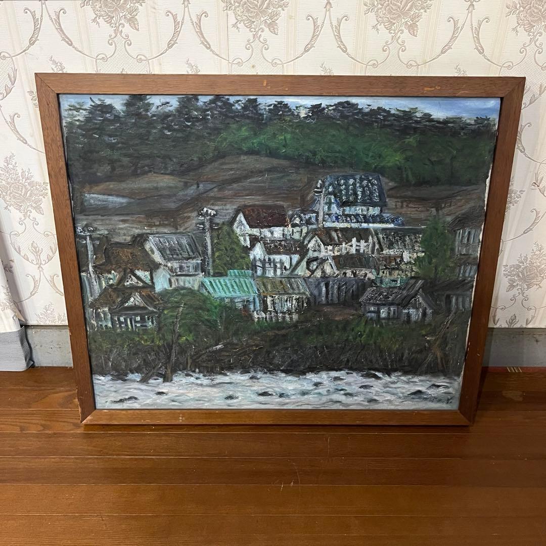 【アンティーク】額縁 額装 絵画 油絵 油彩 風景画 家 山村 田舎 川 葉っぱ